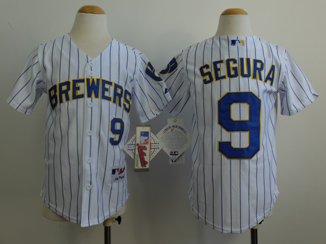Youth Milwaukee Brewers #9 Segura White Stripe MLB Jerseys
